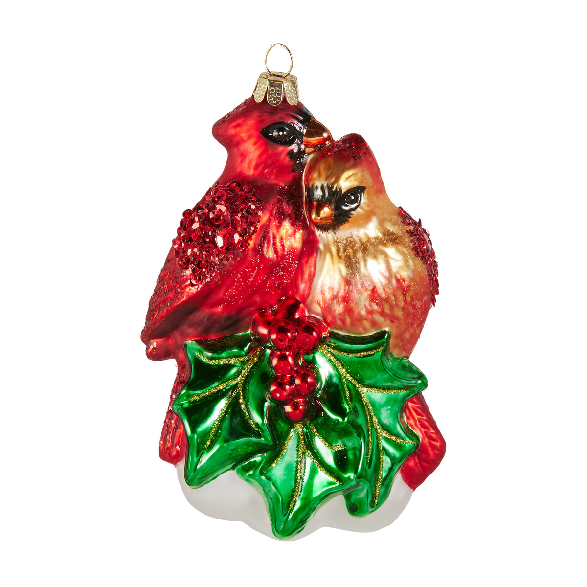 Mellow Monkey glass cardinal pair ornament featuring vibrant red birds with holly leaves for holiday tree decoration.