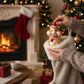 Mellow Monkey glass chipmunk ornament wearing a tiny Santa hat, held by hands over a white faux fur Christmas stocking