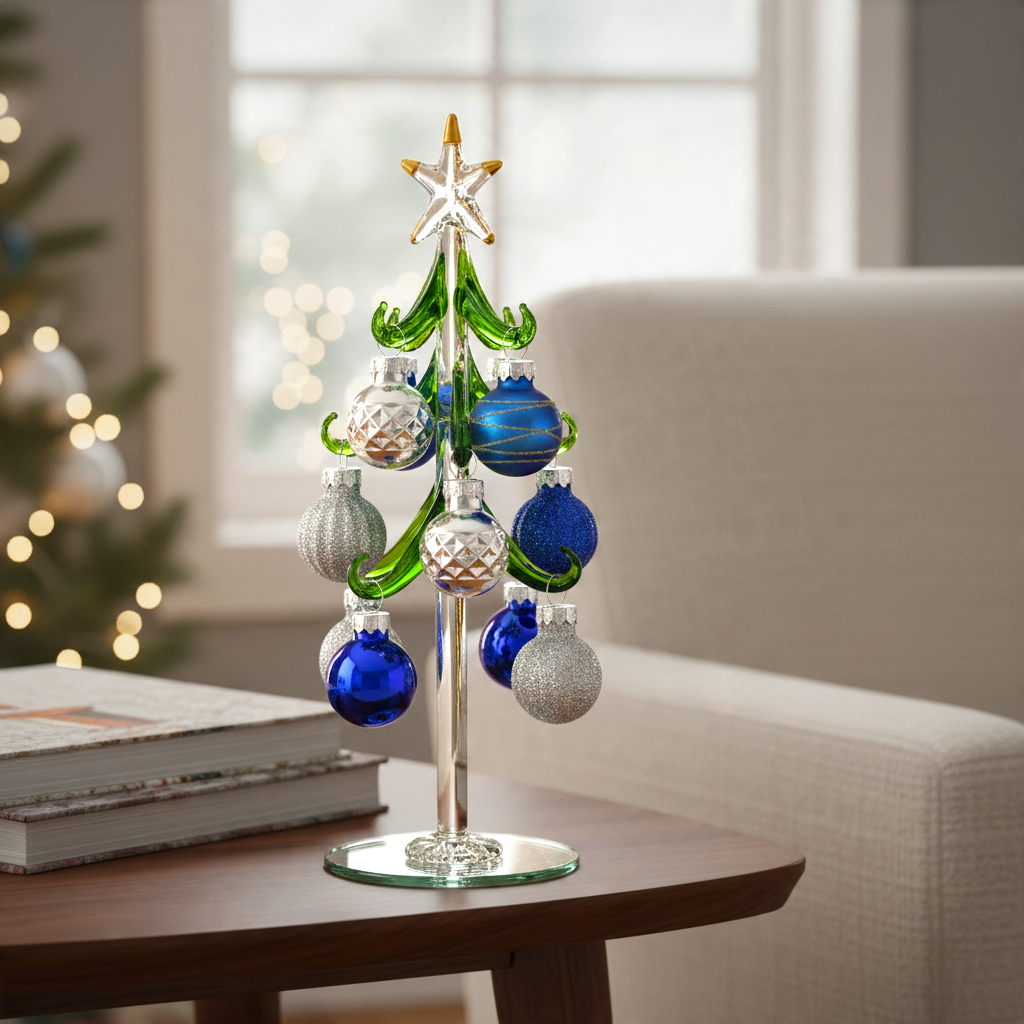 Mellow Monkey 8-inch glass Christmas tree with blue and silver ornaments and a star topper on a wooden table.