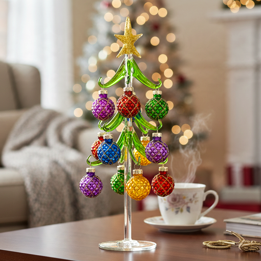 Mellow Monkey 12-inch glass Christmas tree with colorful quilted ornaments and a gold star topper on a wooden table.