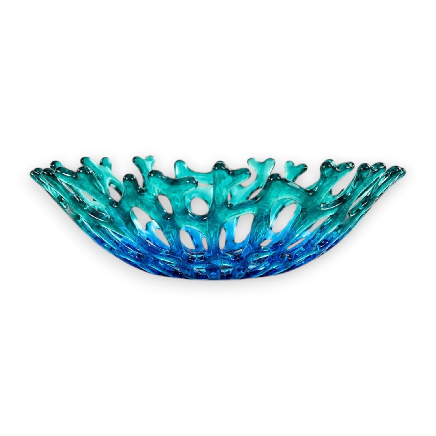 Mellow Monkey handmade glass coral bowl in turquoise and blue with an organic openwork design for coastal decor.
