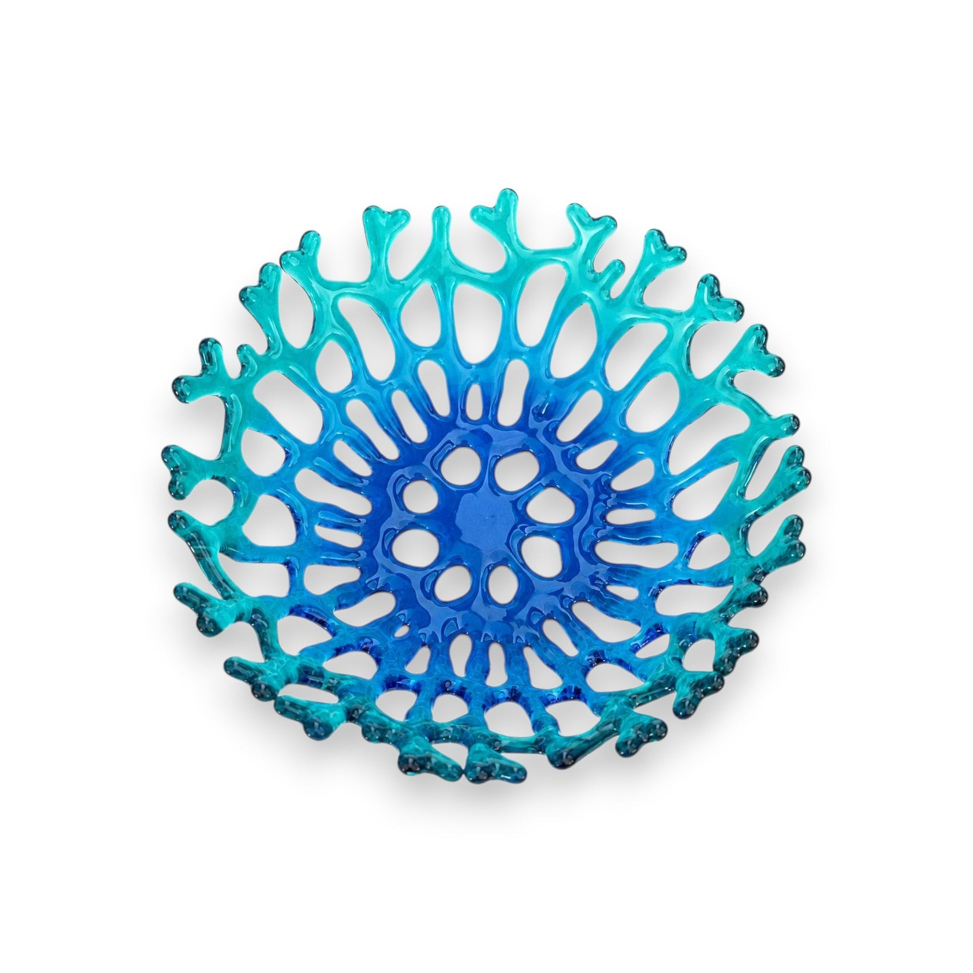 Mellow Monkey handmade blue and turquoise fused glass bowl with an organic coral reef design for coastal decor.