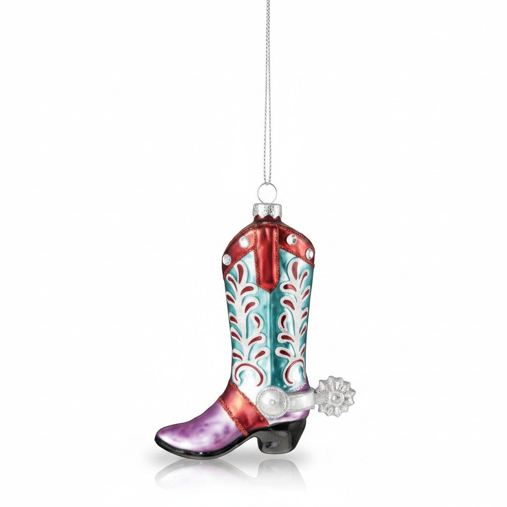 Mellow Monkey hand-painted glass cowboy boot ornament in turquoise, red, and purple with glitter and jewel accents.