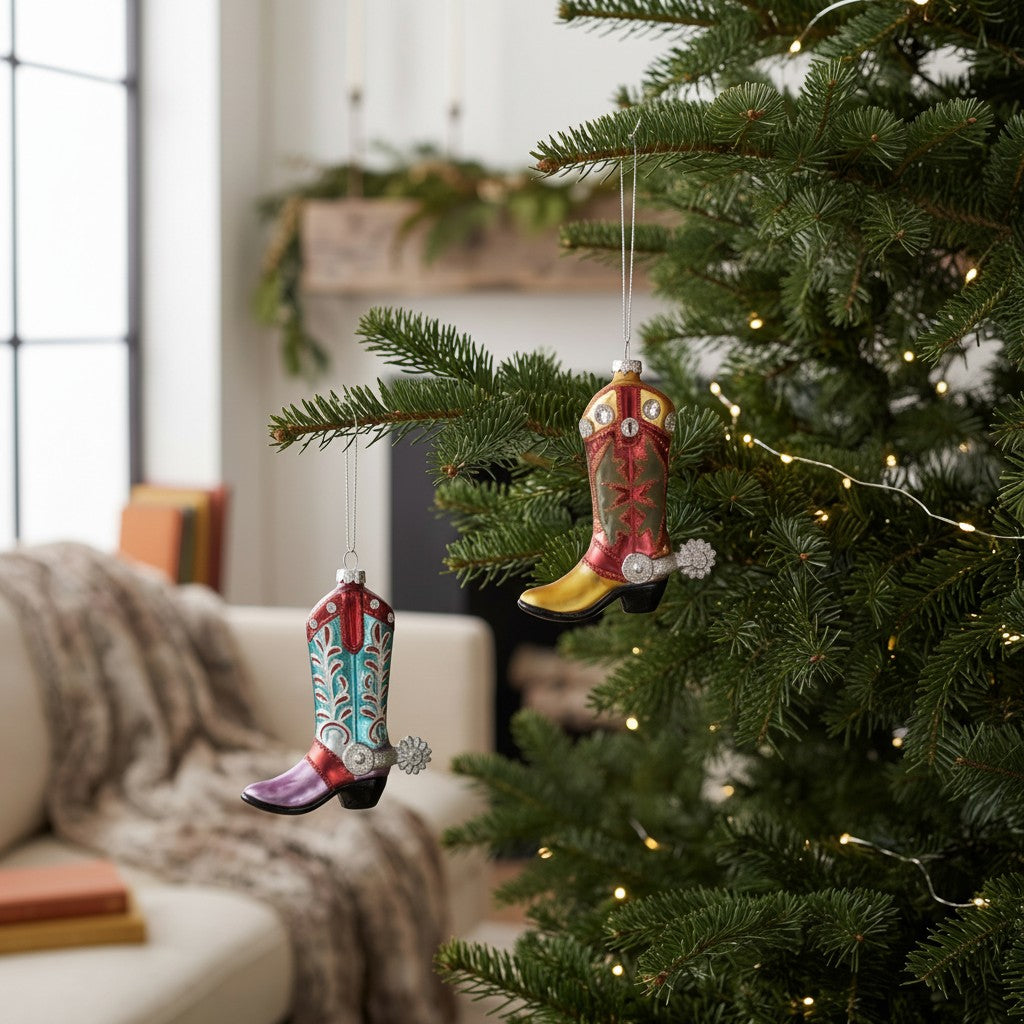 Mellow Monkey hand-painted glass cowboy boot ornaments with glitter and jewels hanging on a Christmas tree