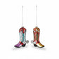 Mellow Monkey hand-painted glass cowboy boot ornaments with glitter, jewels, and spurs for Western holiday decor.