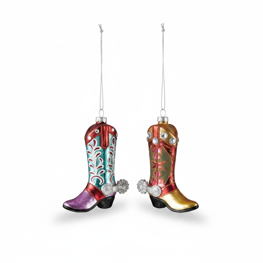 Mellow Monkey hand-painted glass cowboy boot ornaments with glitter, jewels, and spurs for Western holiday decor.
