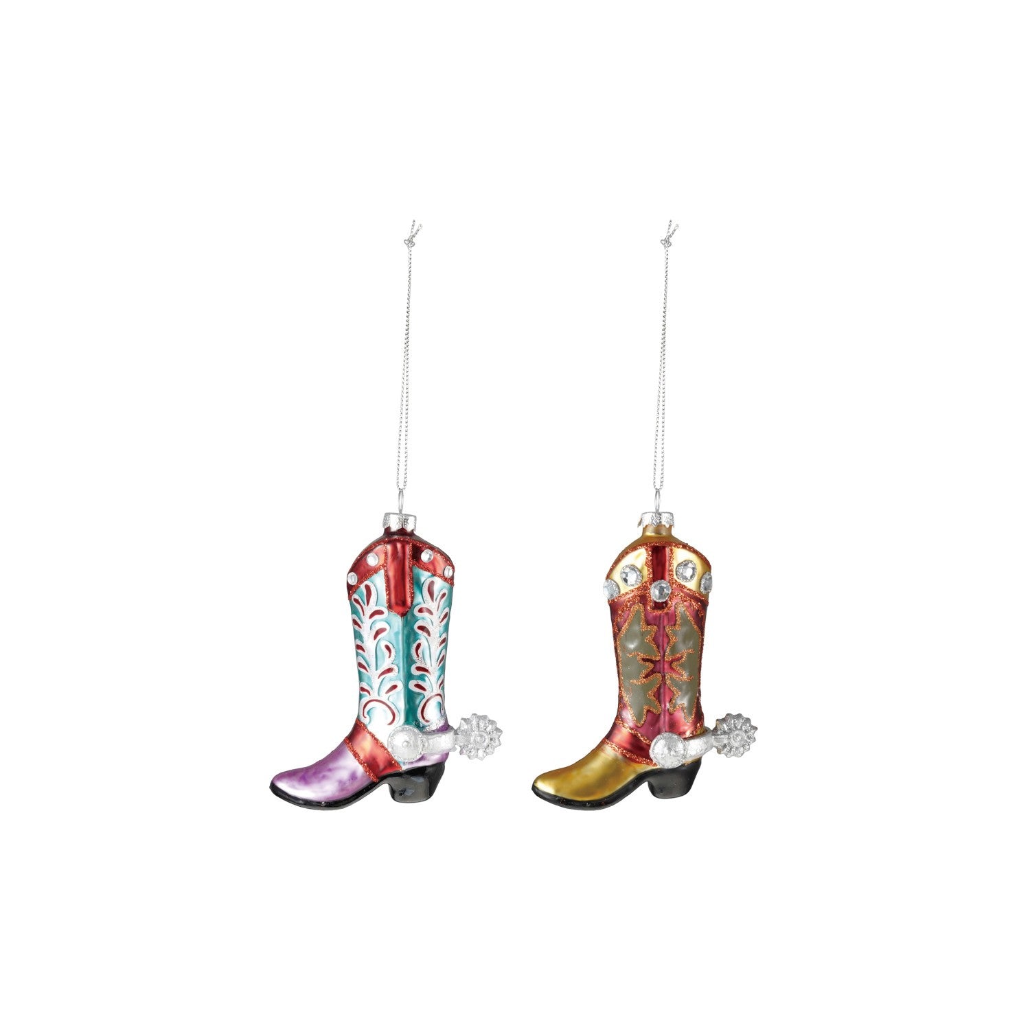 Mellow Monkey hand-painted glass cowboy boot ornaments with glitter, jewels, and spurs in red, purple, and gold.