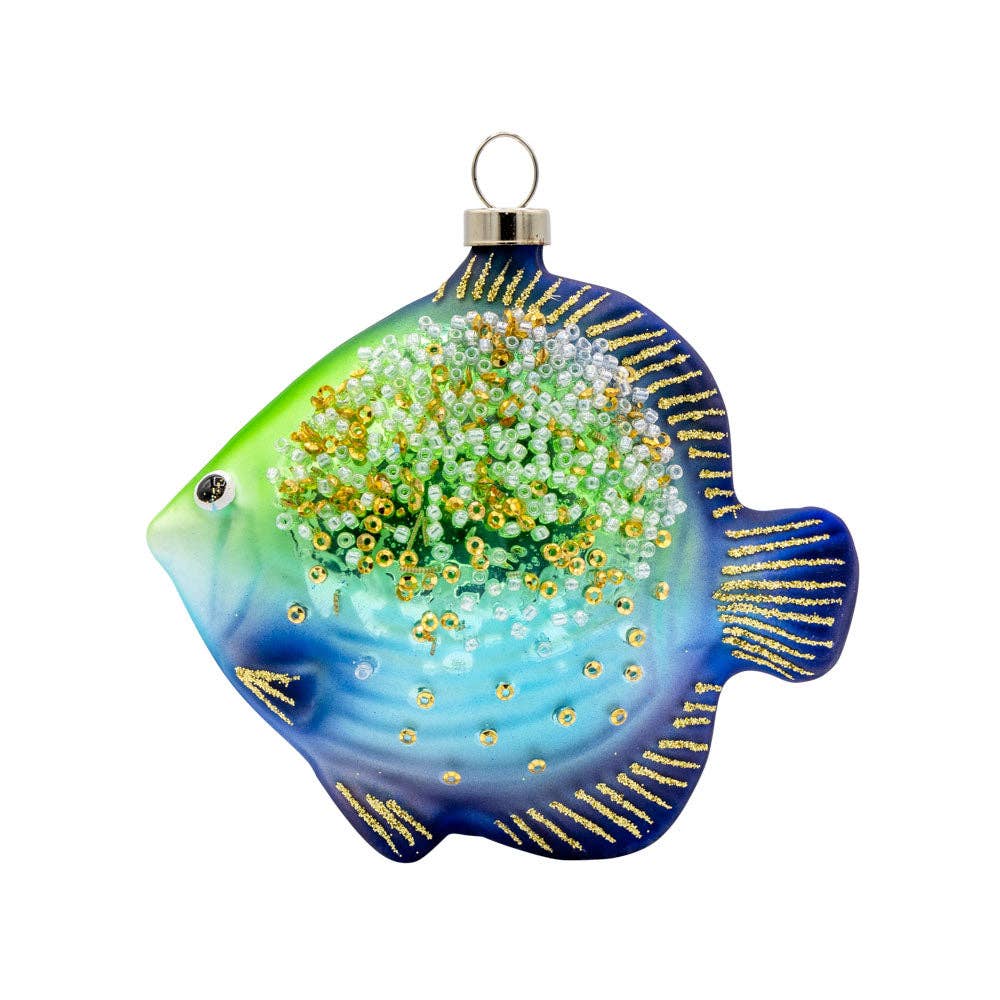 Mellow Monkey Sparkle Fish glass holiday ornament in blue and green with gold glitter and shimmering bead accents.
