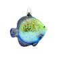 Mellow Monkey glass fish holiday ornament in blue and lime green with gold glitter and shimmering bead accents.