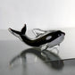 Mellow Monkey 5-inch glass killer whale ornament with black and white details, perfect for marine-themed home decor.