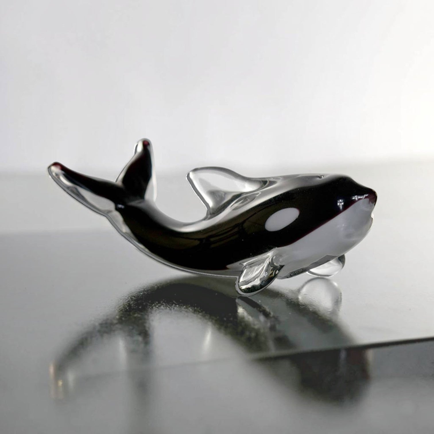 Mellow Monkey 5-inch glass killer whale ornament with black and white details, perfect for marine-themed home decor.