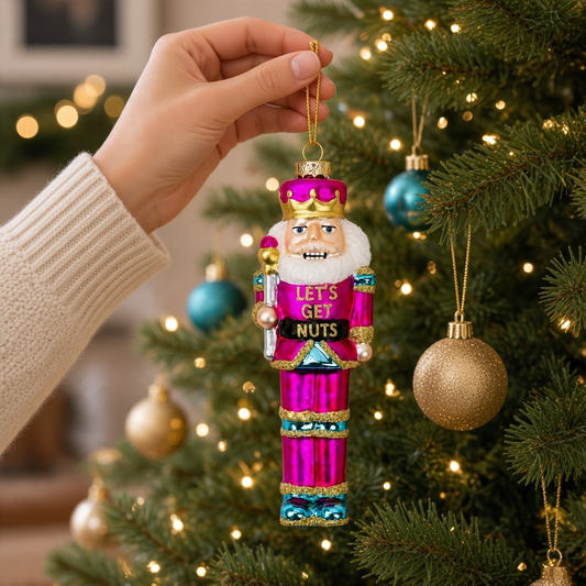 Mellow Monkey hand-blown glass nutcracker ornament in pink, turquoise, and gold hanging on a Christmas tree.
