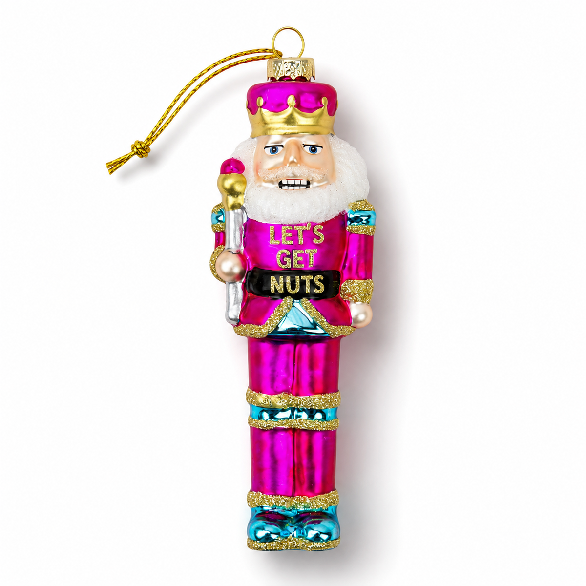 Mellow Monkey hand-blown glass nutcracker ornament in vibrant pink, turquoise, and gold with Lets Get Nuts text.