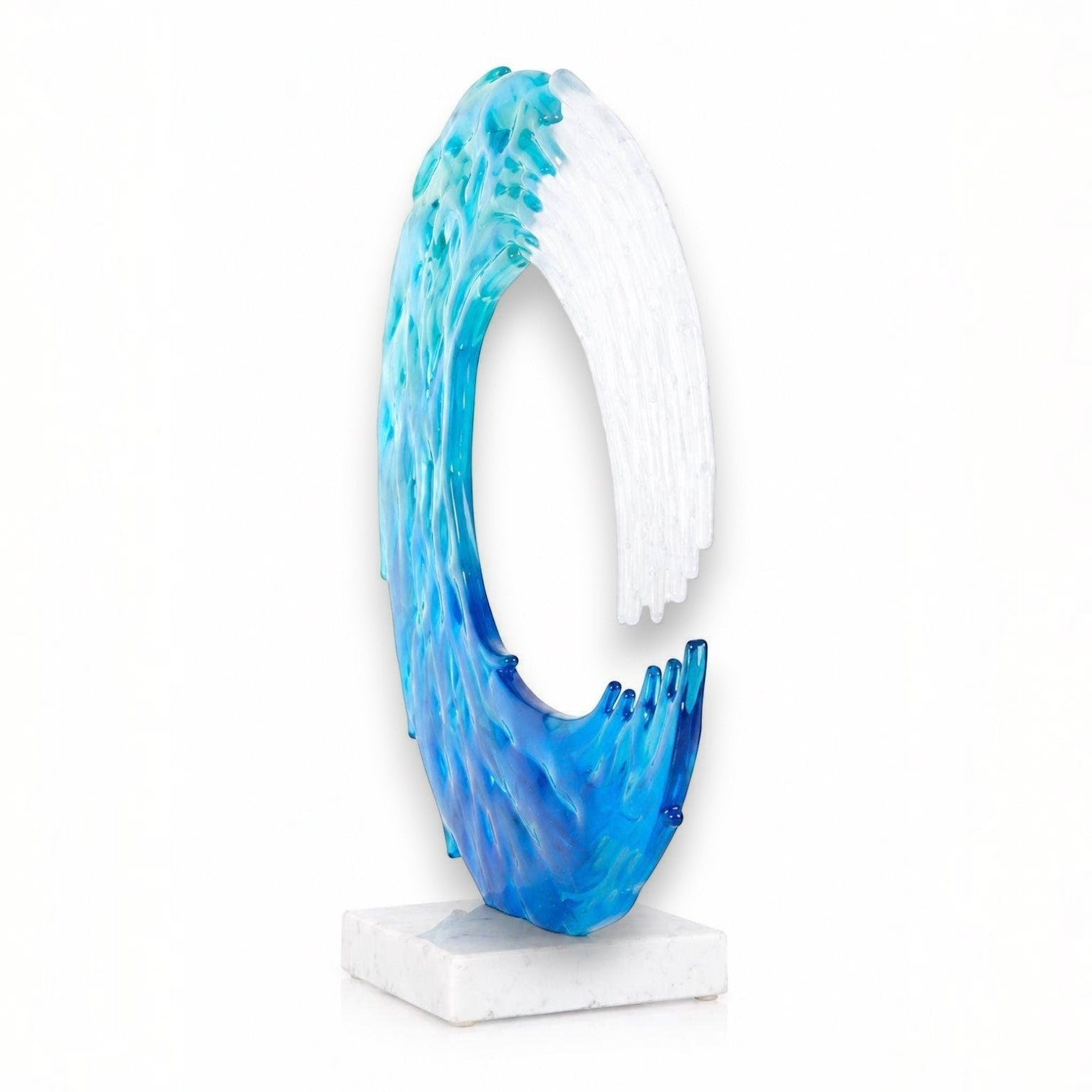 Mellow Monkey handmade 13-inch fused glass ocean wave sculpture with blue and white coastal tones on a marble base.