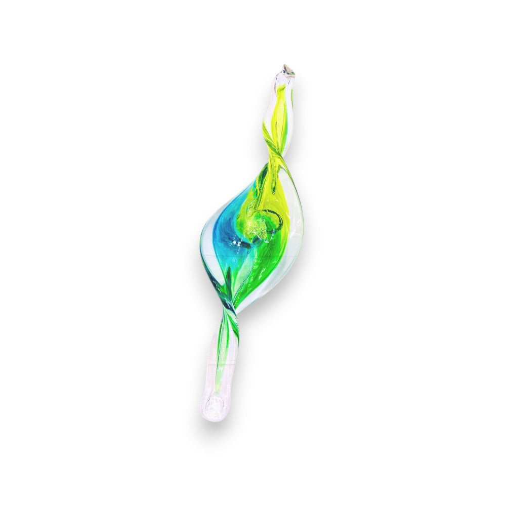 Mellow Monkey 9-inch hand-blown glass spiral ornament featuring swirling blue and lime green colors
