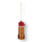 Mellow Monkey glass thermos Christmas ornament with red and yellow plaid pattern and glitter accents