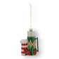 Mellow Monkey glass thermos Christmas ornament featuring green and red striped patterns with glitter accents
