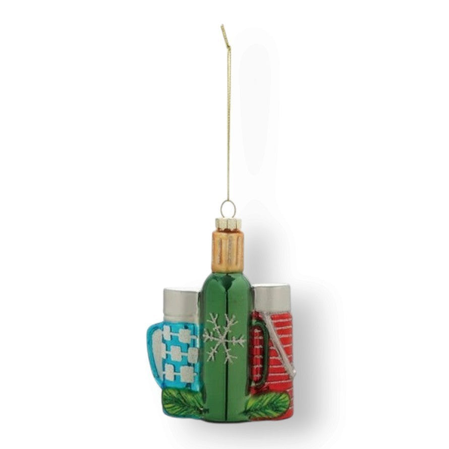 Mellow Monkey glass thermos Christmas ornament with glitter, featuring a green bottle design and festive details.