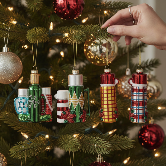 Mellow Monkey glass thermos ornaments with glitter, featuring vintage-inspired plaid and geometric patterns on a tree.