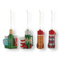 Mellow Monkey glass thermos Christmas ornaments with vintage plaid and geometric patterns and shimmering glitter
