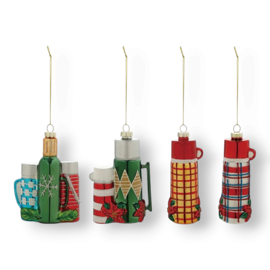 Mellow Monkey glass thermos Christmas ornaments with vintage plaid and geometric patterns and shimmering glitter