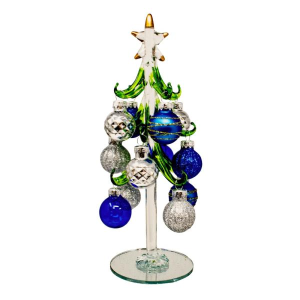 Mellow Monkey 8-inch glass Christmas tree with blue and silver glitter ornaments and a star topper