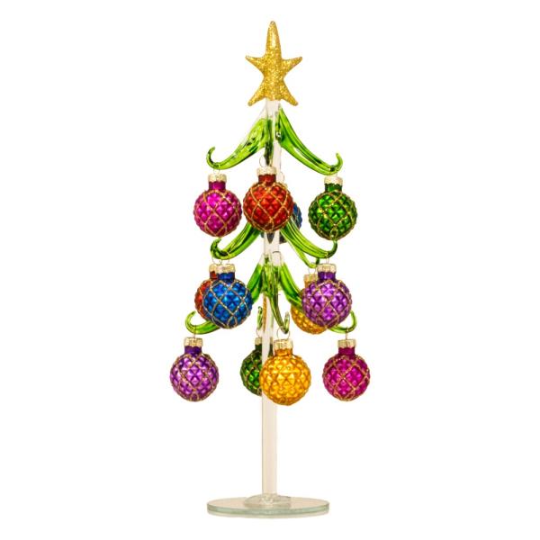 Mellow Monkey 12-inch glass Christmas tree with colorful quilted ornaments and a gold glitter star topper.