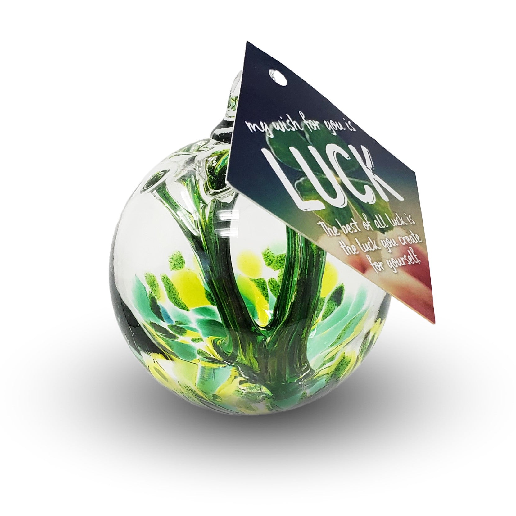 Mellow Monkey 4-inch colorful glass wish ball suncatcher ornament with green and yellow swirls and a luck wish card.