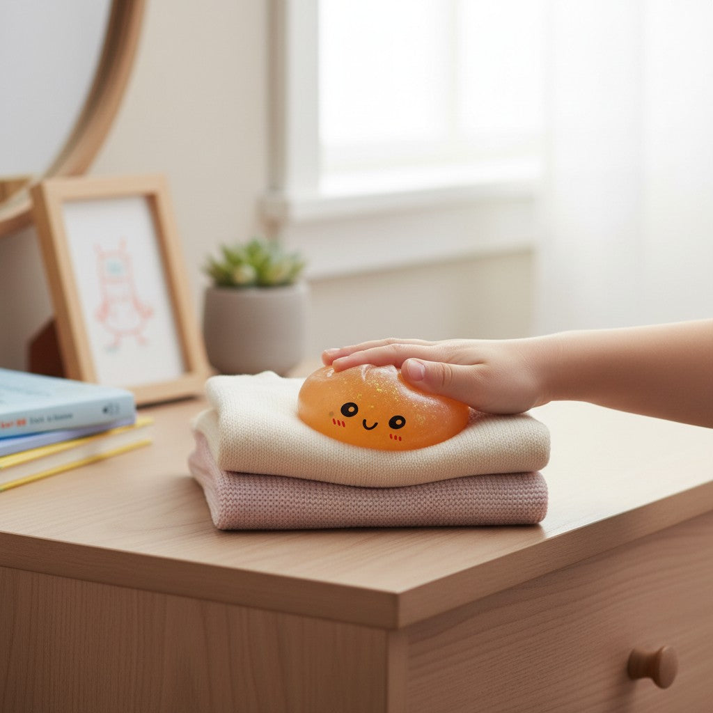 Mellow Monkey orange glitter dumpling squeeze toy with a cute face being pressed by a hand on a wooden desk.