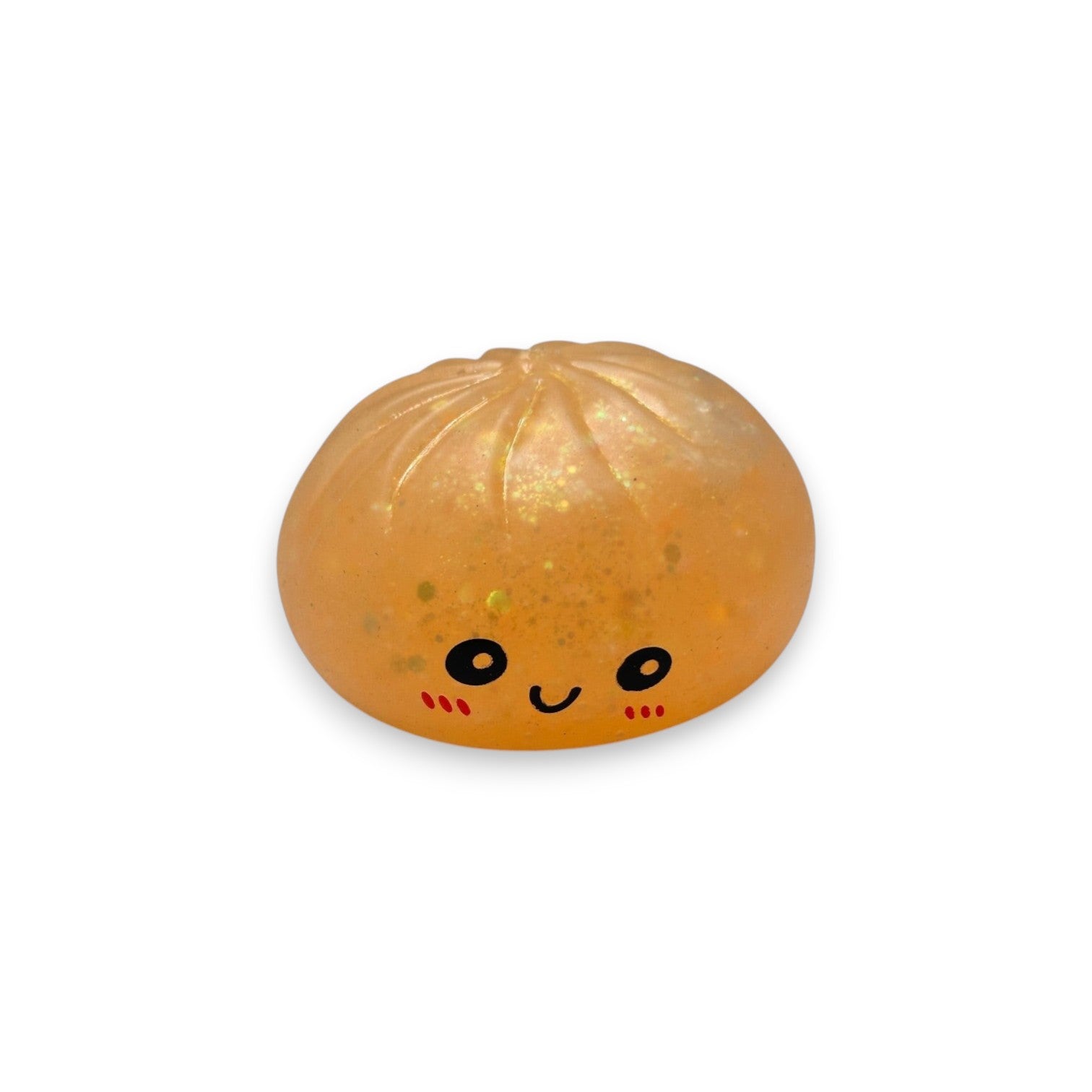 Mellow Monkey 3-inch orange glitter dumpling squeeze toy with a cute smiling face for stress relief and fidgeting.