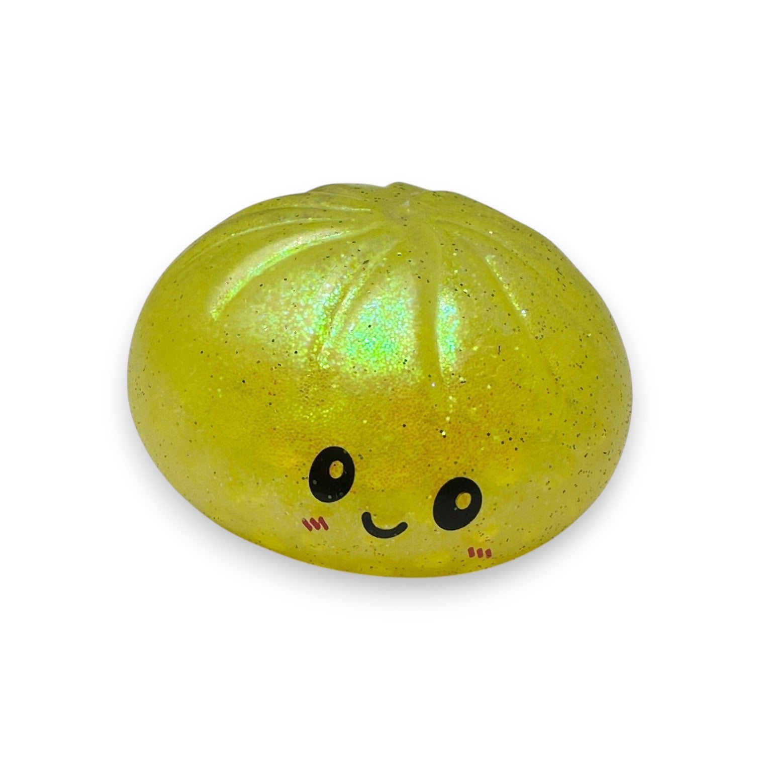 Mellow Monkey yellow glittery Orbee dumpling squeeze toy with a cute smiling face for stress relief and sensory play.