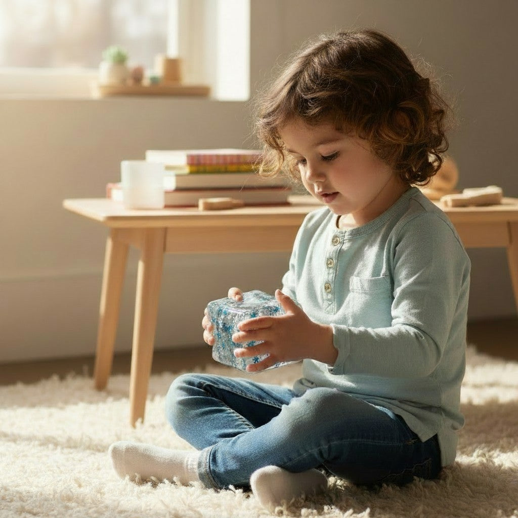 A child sitting on a rug playing with a Mellow Monkey 2-inch glitter-filled sensory squeeze cube toy.