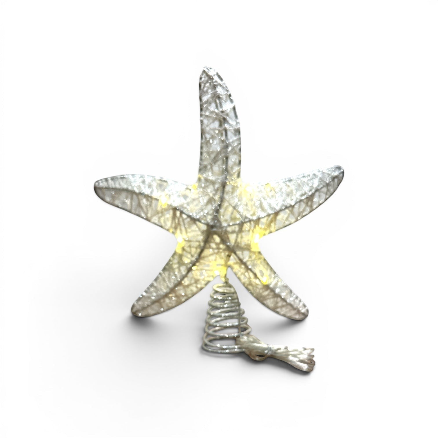 Mellow Monkey 11-inch silver glitter starfish Christmas tree topper with warm LED lights and a coiled base.