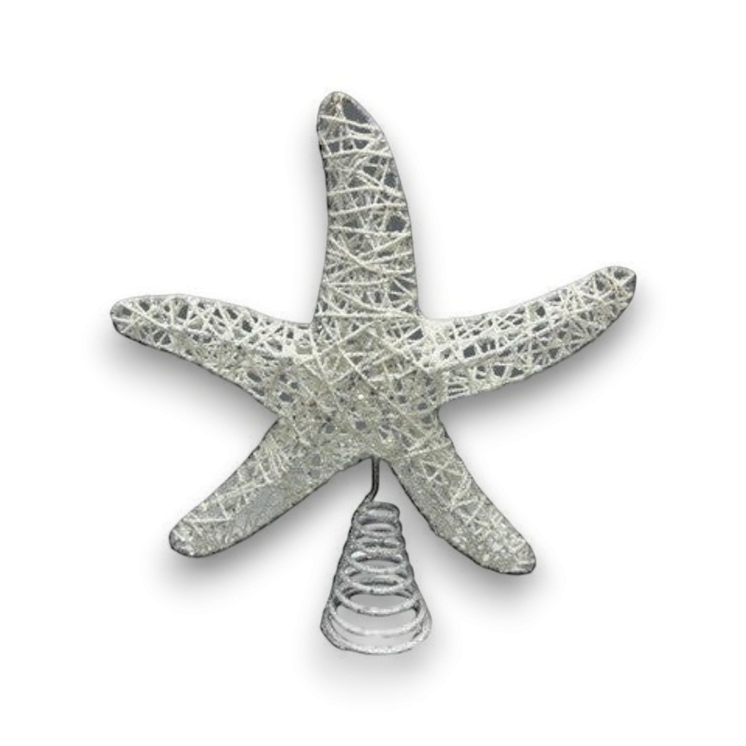Mellow Monkey 11-inch silver glitter starfish Christmas tree topper with integrated LED lights and coiled base.