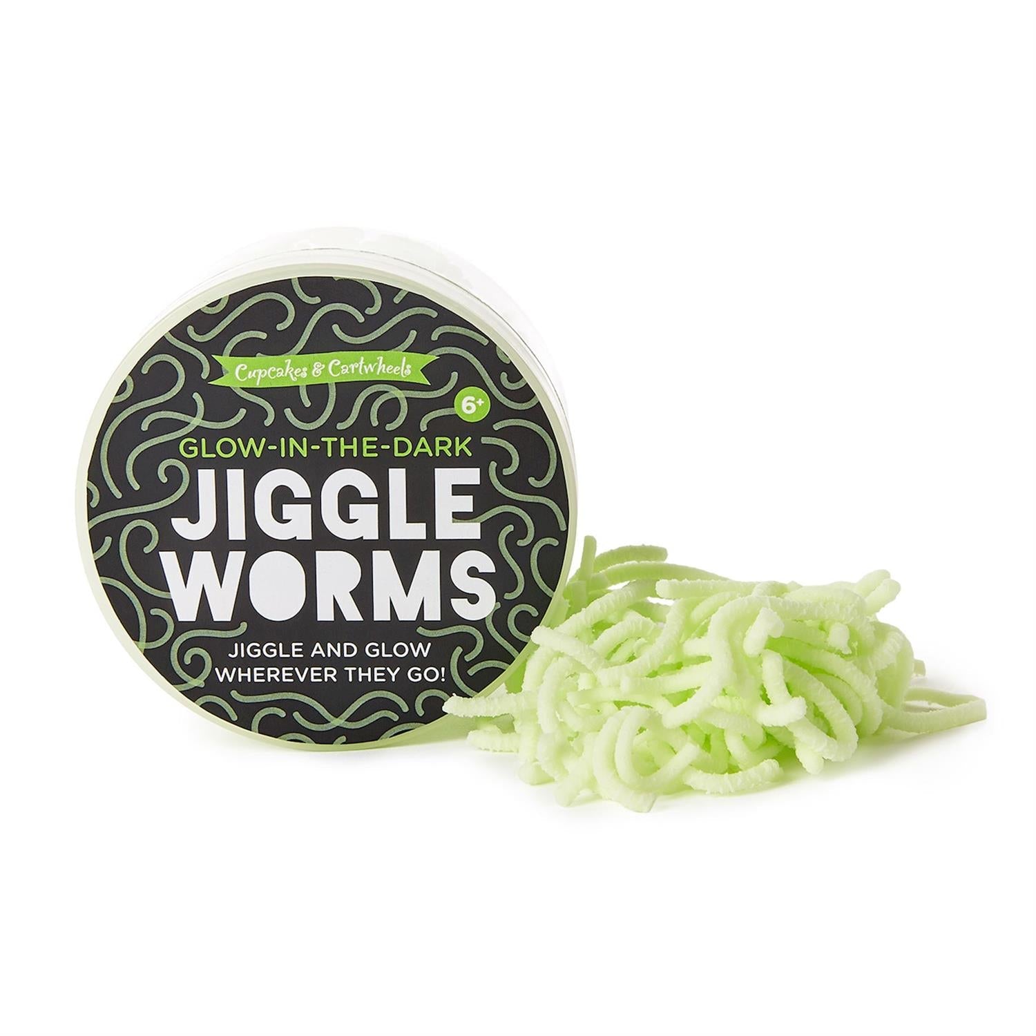 Mellow Monkey glow-in-the-dark jiggle worms sensory toy in a round container with light green squishy worm strands