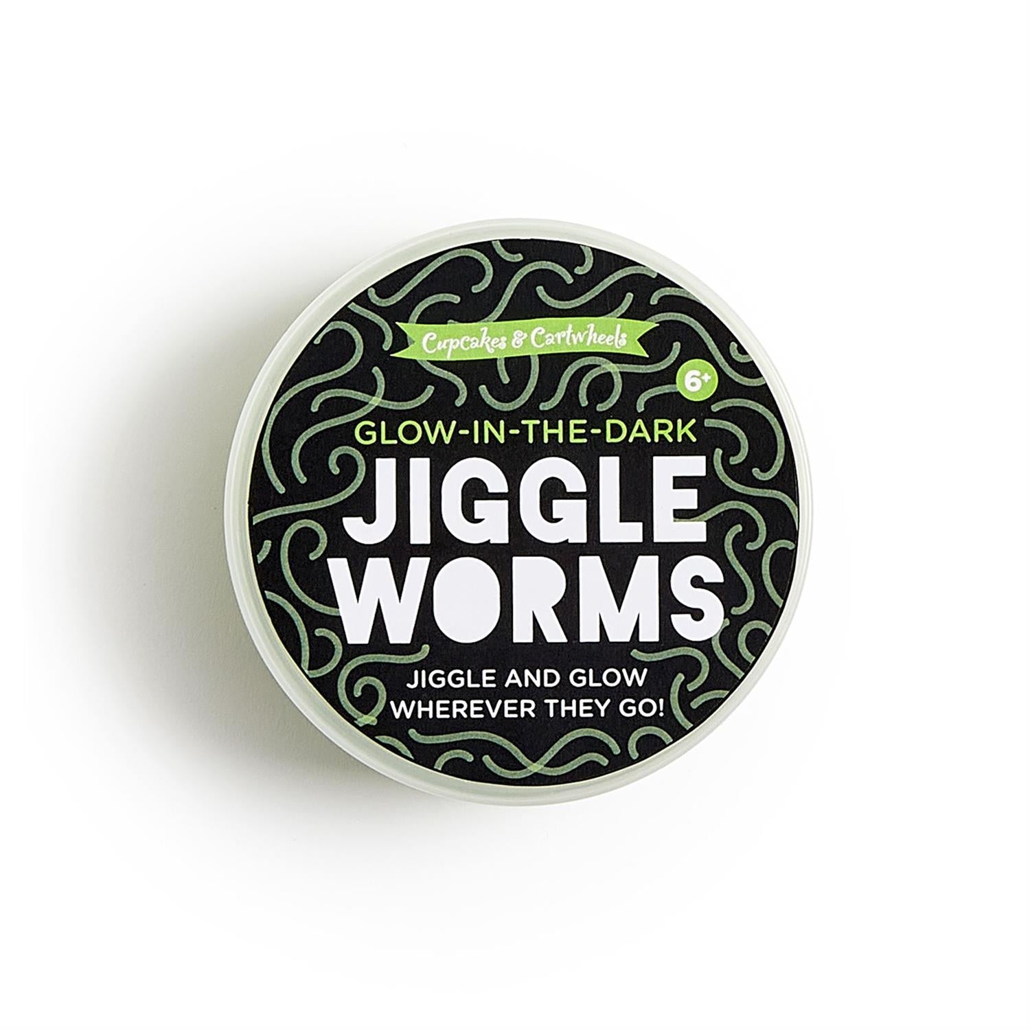 Mellow Monkey glow-in-the-dark Jiggle Worms sensory toy container with black and green patterned lid