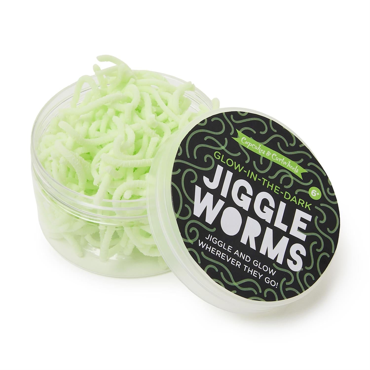 Mellow Monkey glow-in-the-dark sensory jiggle worms in a clear plastic container for tactile play