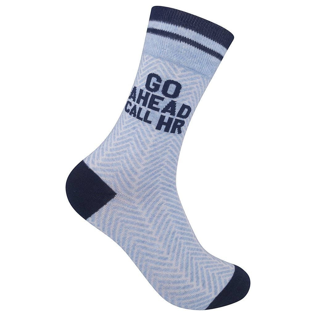 Mellow Monkey steely blue herringbone socks with Go Ahead Call HR text and navy blue heel and toe accents