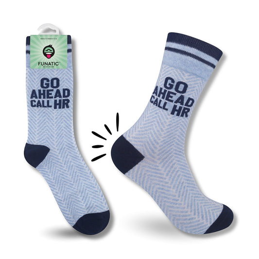 Mellow Monkey Go Ahead Call HR novelty socks in steely blue with navy accents and a herringbone pattern.