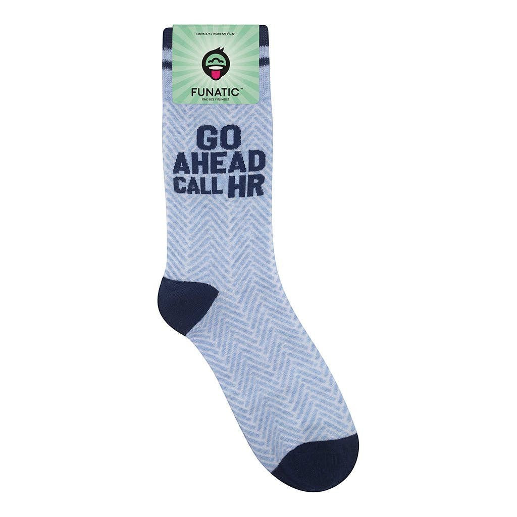 Mellow Monkey steely blue herringbone socks with navy accents and the text Go Ahead Call HR in a bold font