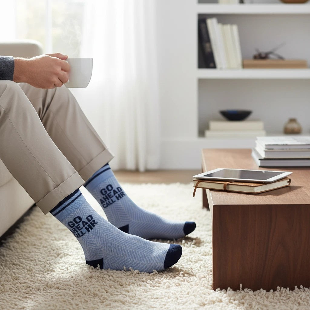 Mellow Monkey light blue herringbone socks with Go Ahead Call HR text, worn by a person holding a coffee mug.