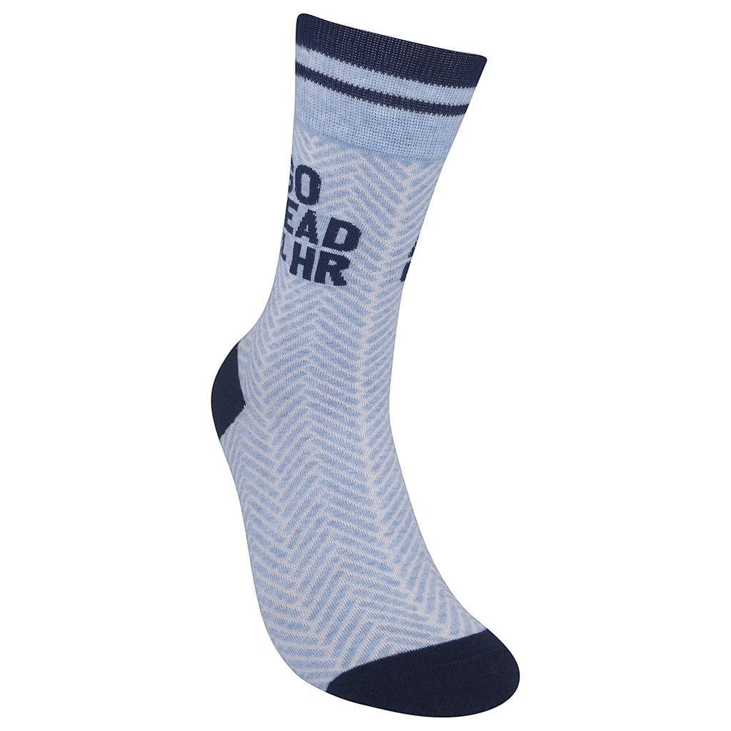 Mellow Monkey steely blue herringbone socks with navy accents and the text Go Ahead Call HR on the side