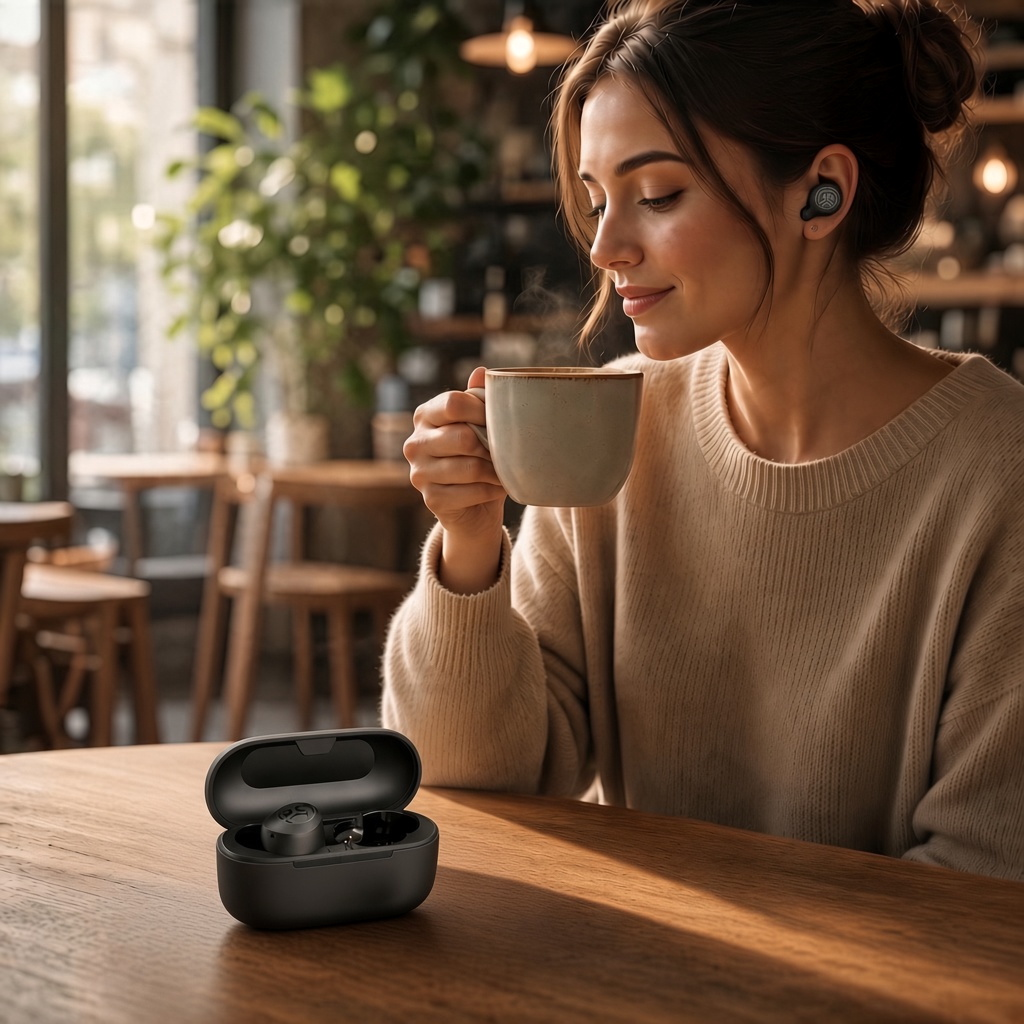 Mellow Monkey GO Air POP black wireless earbuds worn by a woman holding a coffee cup in a cozy cafe setting