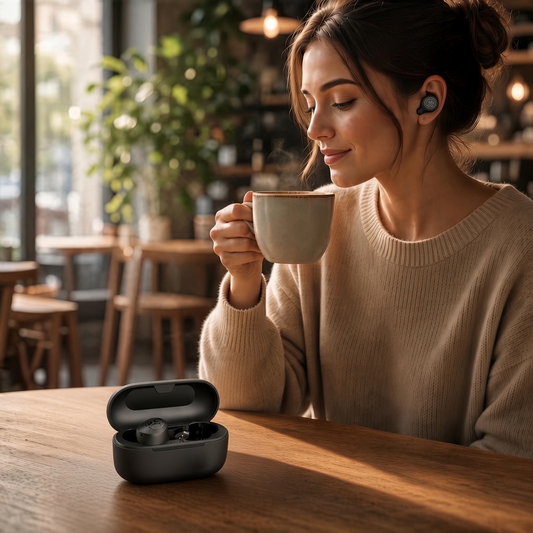 Mellow Monkey GO Air POP black wireless earbuds worn by a woman holding a coffee cup in a cozy cafe setting