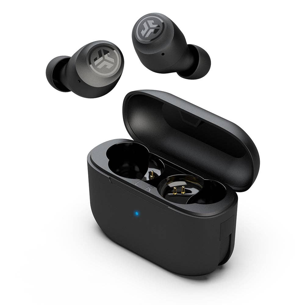 Mellow Monkey black GO Air POP true wireless earbuds with open charging case and integrated USB-C cable