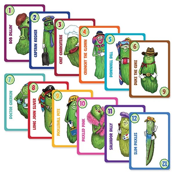 Mellow Monkey Go Pickle! card game featuring 12 illustrated pickle characters in various costumes and professions.