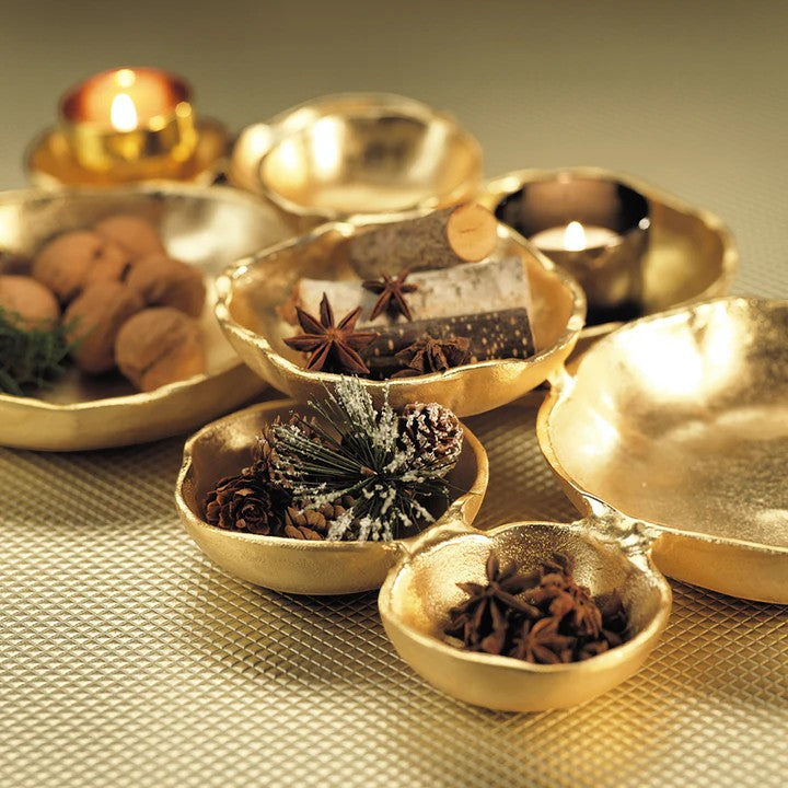 Mellow Monkey gold-plated alloy serving bowl cluster with nine connected compartments for snacks and decor