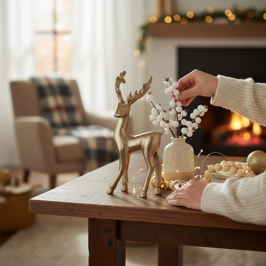 Mellow Monkey gold cast aluminum deer figurine displayed on a wooden table with holiday decor and a cozy fireplace.
