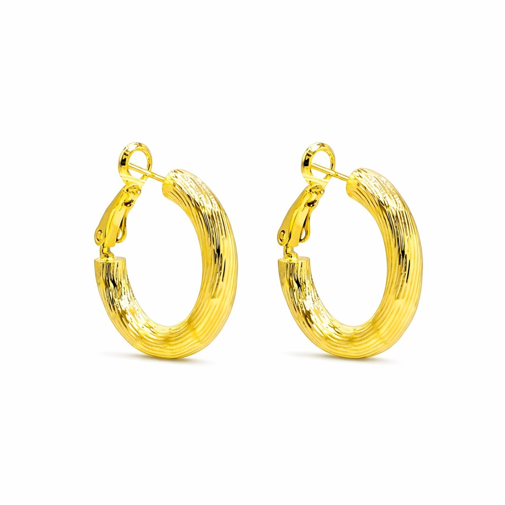 Mellow Monkey gold plated bamboo hoop earrings with textured finish and sterling silver posts.