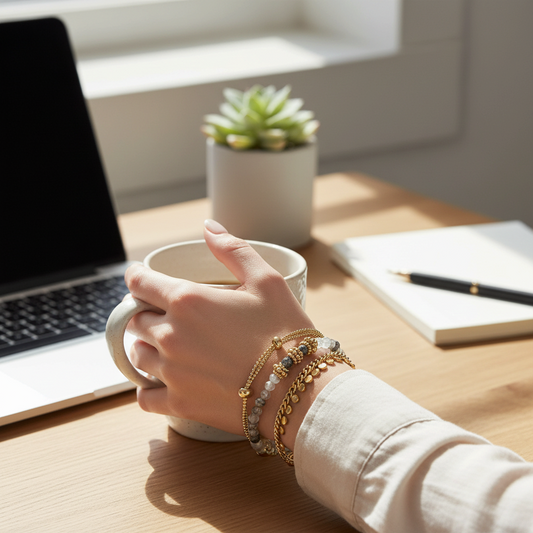 Mellow Monkey Narelle gold-plated stainless steel beaded chain bracelet set worn on a wrist holding a coffee mug.
